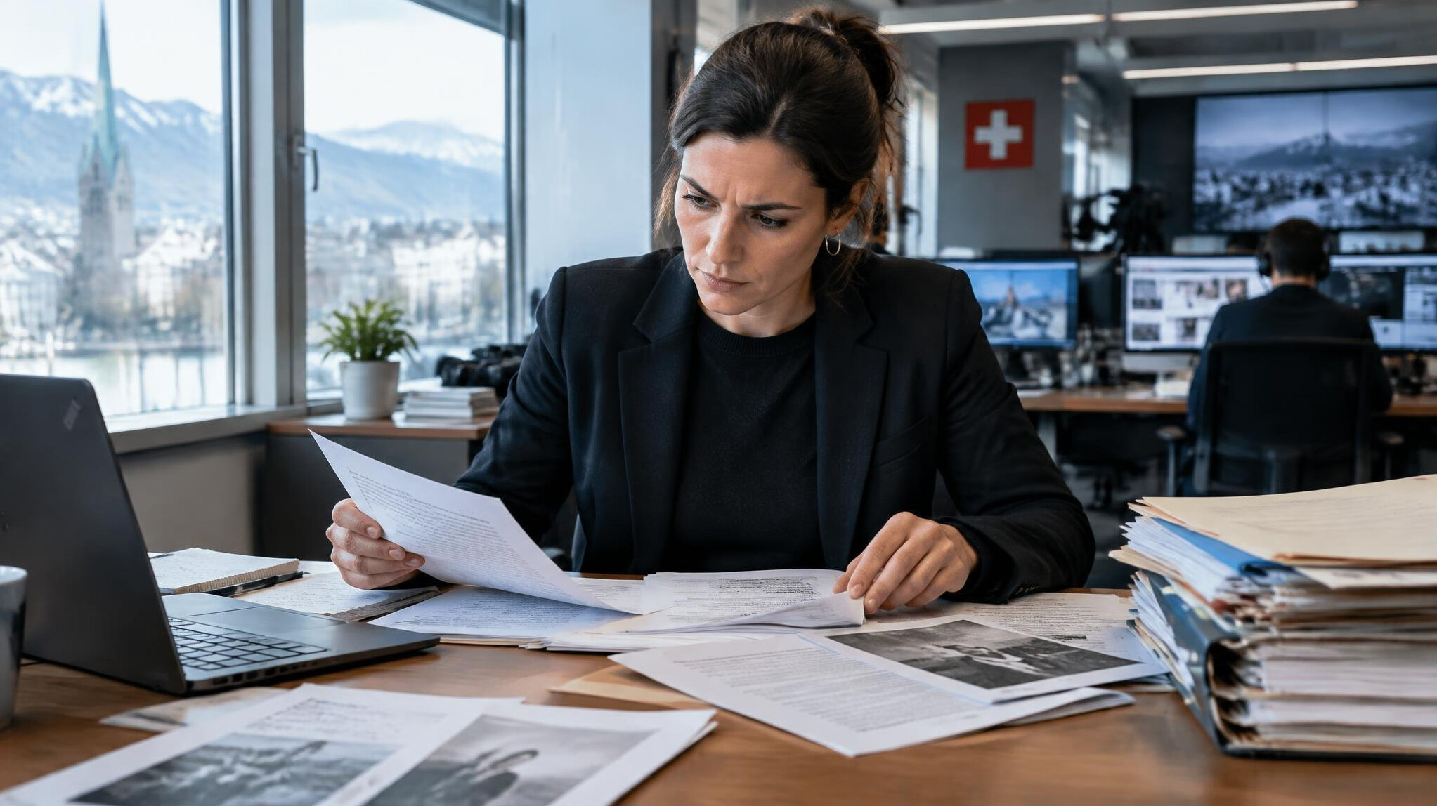 Investigative journalist reviewing documents at a desk