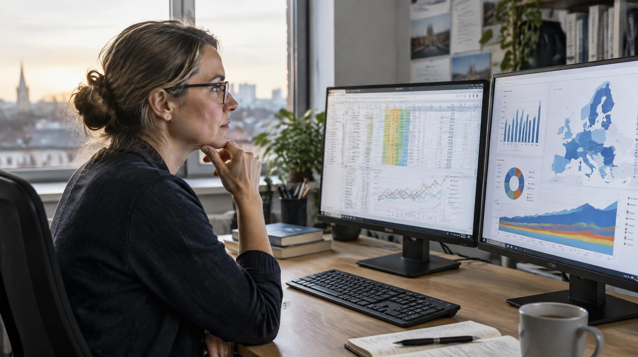 Journalist analyzing data on multiple computer screens