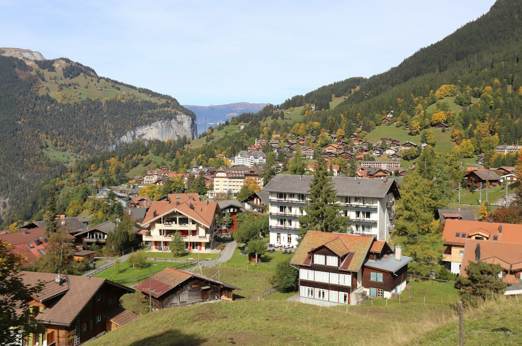 Residential apartment buildings on a Swiss city street